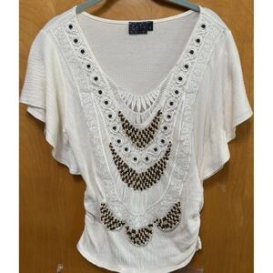 MCM Womens Flutter Sleeve Beaded Embroidered Lace Front Top Side Ruching Cream M